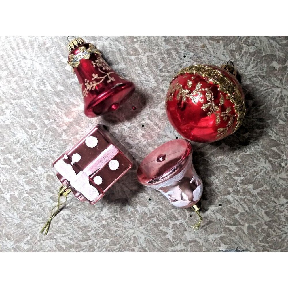 4 Vintage Commodore Christmas glass Ornaments bells gift box ball red pink gold